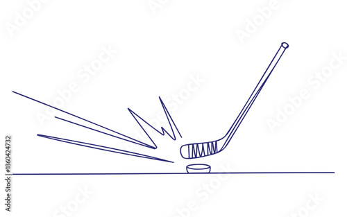 A dynamic blue line drawing capturing a hockey stick striking a puck with force.