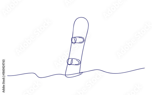 A solitary snowboard stands upright on a wavy line representing snow in a line art style.