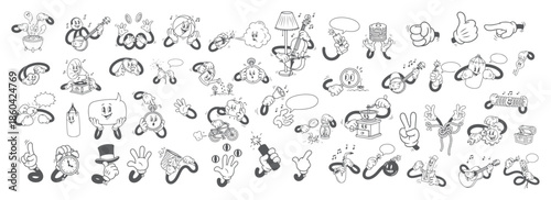 Retro Cartoon Comic Hands Set, Vintage Mascot Character Actions and Gestures.