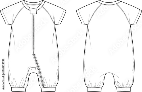 Baby romper jumpsuit fashion flat, vector bodysuit mockup, infant clothing template design outline