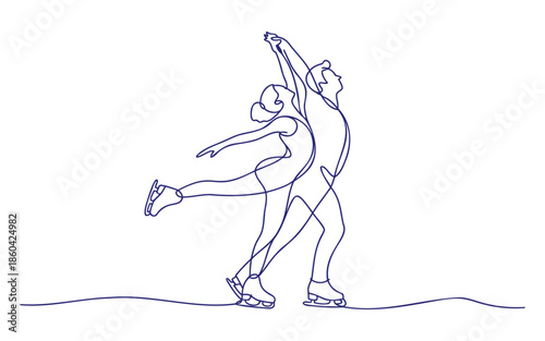 A graceful blue line drawing depicting a pair of figure skaters performing in unison.