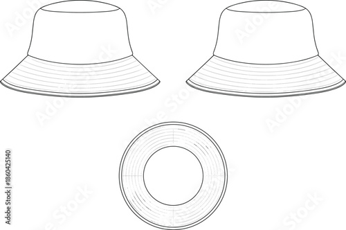 Bucket hat technical vector, wide brim fashion template, flat sketch illustration outline mockup design