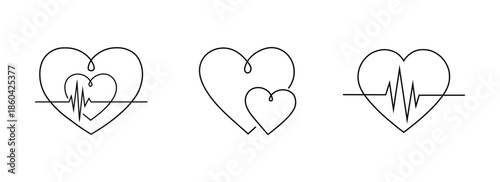Set of three continuous line drawing icons of hearts with electrocardiogram ecg or heartbeat line inside, symbolizing love, cardiology, and health
