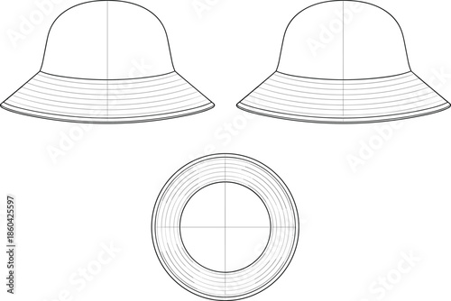 Wide brim sun hat technical vector, fashion template flat sketch illustration outline mockup design