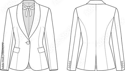 Women blazer shawl collar technical vector, tailored jacket flat sketch fashion template outline illustration