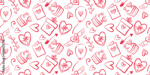 Romantic seamless doodle pattern with hearts, gifts, flowers, sweets, balloons and cupid arrows in red on white background. Perfect for Valentines Day textile, packaging and decor