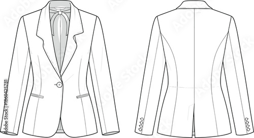 Women blazer technical vector, tailored jacket flat sketch, fashion template illustration outline mockup drawing