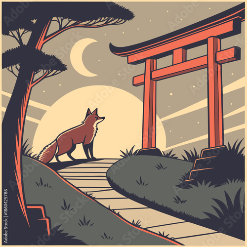 Mystical night scene with a fox standing on a path leading to a traditional Japanese torii gate under a crescent moon and serene sky, illustrating an ancient spiritual landscape