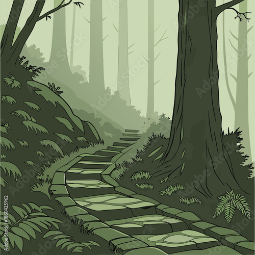 mysterious foggy forest path with stone steps winding upwards through lush green foliage, ancient trees, dense vegetation, dappled light, ethereal atmosphere, adventure, exploration, mystical ambiance