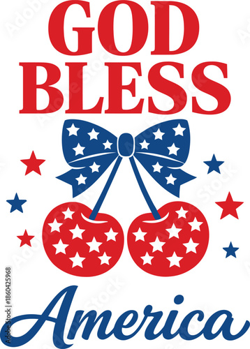 God Bless America Patriotic Cherries Typography on White Background