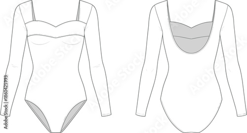 Women bodysuit technical vector, long sleeve lingerie flat sketch, fashion template outline illustration mockup
