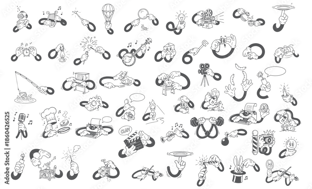 Naklejka premium Retro Cartoon Comic Hands Set, Vintage Mascot Character Actions and Gestures.