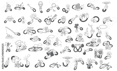 Retro Cartoon Comic Hands Set, Vintage Mascot Character Actions and Gestures.