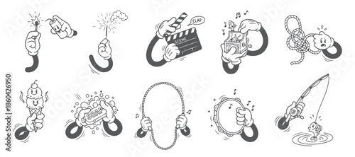 Old School Comic Style Hands Mega Pack. Expressive Animated Arms in Black and White Sketch Drawing.