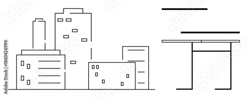 Urban design, advertising space, city planning, business architecture, real estate, marketing layouts. Minimalist drawing of buildings and a blank billboard. Urban design and advertising concept