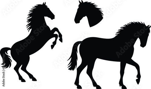 Trio of Minimalist Black Horse Vector Graphics, Dynamic Equine Silhouettes Featuring a Rearing Stallion, silhouette, illustration, vector