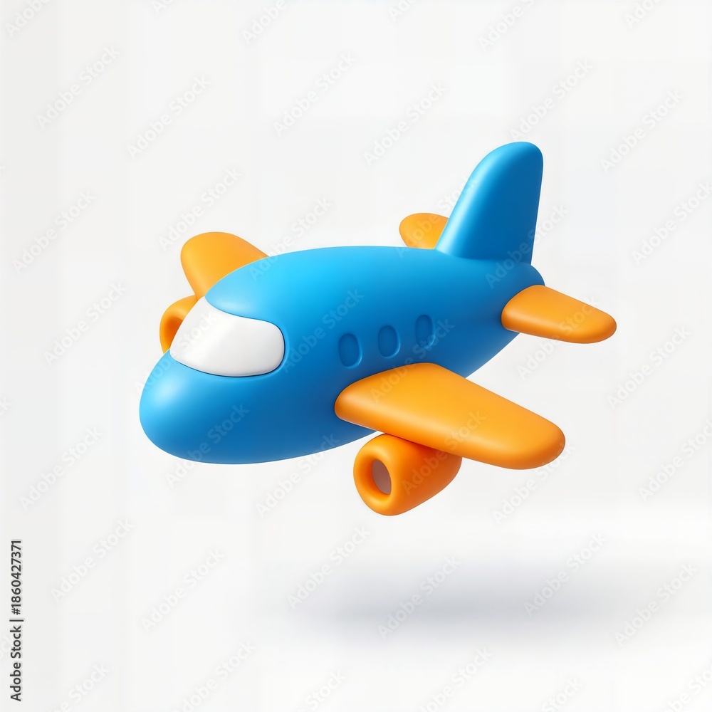Naklejka premium Bright Blue Orange Cartoon Airplane Miniature Toy Flying Travel Concept.