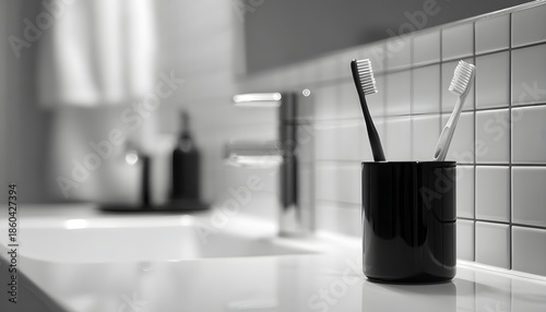 Modern bathroom with toothbrushes in a black holder, showcasing minimalistic style.