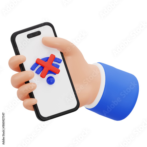 3D illustration of hand holding smartphone with no internet signal symbol