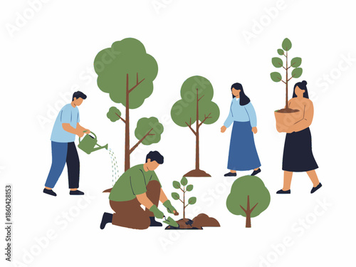 Flat illustration of people planting watering and carrying trees promoting environmental care.