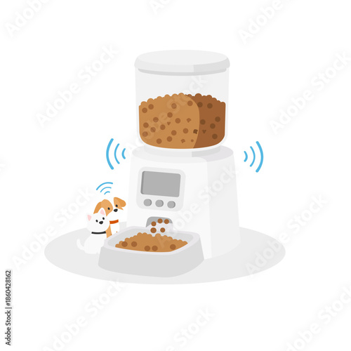 Vector illustration of a digital automatic pet food dispenser concept for dry pet food for dogs and cats.