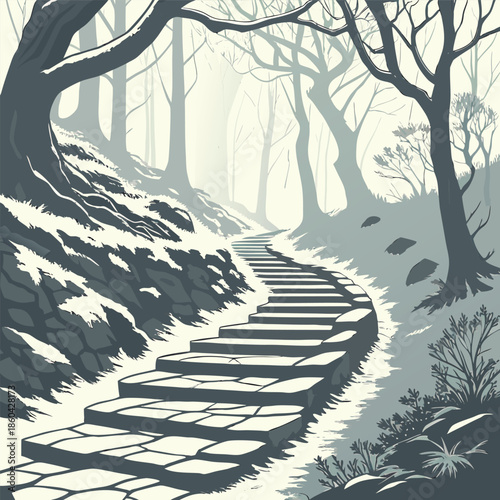 An atmospheric monochromatic vector illustration portraying a winding stone staircase in a snow-covered forest, creating a mystical and chilly winter wonderland scene with bare trees