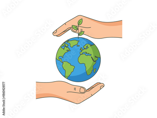Cartoon hands protecting Earth globe with green plant sprout environmental care illustration.