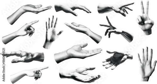 Realistic hands gestures set, black and white sketch style
