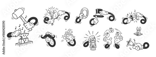 Retro Cartoon Comic Hands Set, Vintage Mascot Character Actions and Gestures.