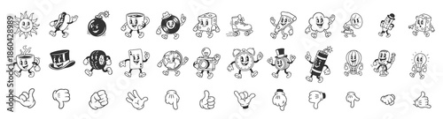 Vintage 30s Style Mascot Characters Collection, Happy Food and Beverage Symbols with Arms and Legs, Classic Hand Sign Mega Pack.