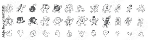 Vintage 30s Style Mascot Characters Collection, Happy Food and Beverage Symbols with Arms and Legs, Classic Hand Sign Mega Pack.