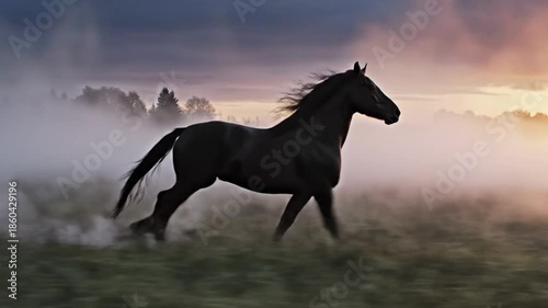 Black horse galloping freely across a grassy field at sunrise with a dramatic foggy background of trees and sky