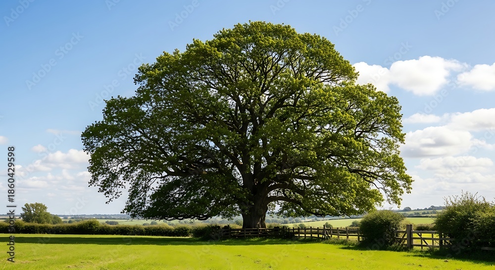 Fototapeta premium Majestic Oak Tree Standing Proudly in a Lush Green Field.