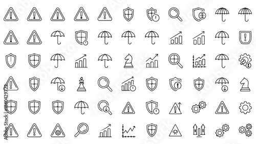 Risk Management Vector Icons – Plan, Low Cost, Risk Analysis, and Investment in Line Style 