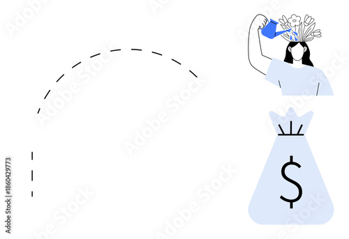 Woman pouring water on flowers growing from her head signifying creativity and growth connected symbolically to earning potential shown by a money bag. Ideal for business, finance, innovation, growth