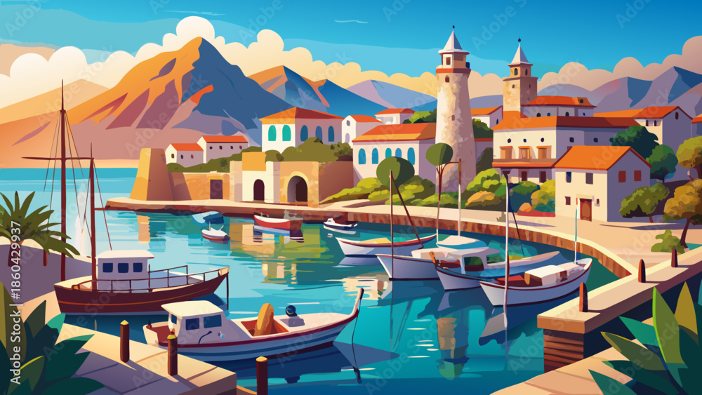 Fototapeta premium Very beautiful panoramic view of Kyrenia harbour in Cyprus, showcasing traditional boats, clear waters, and charming coastal architecture along the Mediterranean shore.