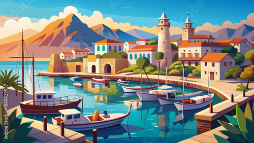 Very beautiful panoramic view of Kyrenia harbour in Cyprus, showcasing traditional boats, clear waters, and charming coastal architecture along the Mediterranean shore.