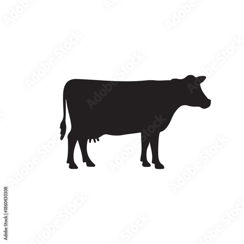 a striking black silhouette of a dairy cow standing in profile against a plain white background silhouette
