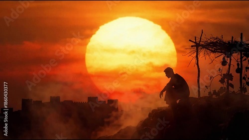 Prophet Jonah Sitting Outside Nineveh in Hot Sun Silhouette, Biblical Story of Mercy and Judgment, Old Testament 4K Video