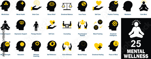 25 Mental Wellness Icon Set for Mindfulness, Psychology, and Mental Health Care. Vector Icons for Stress Relief, Emotional Intelligence, Meditation, and Counseling.