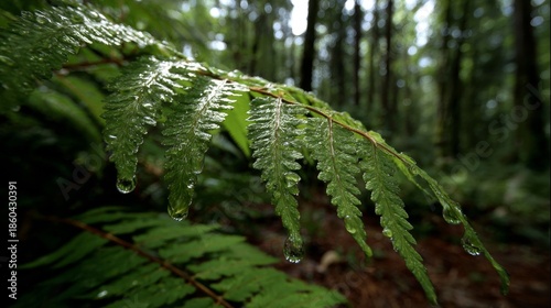 Close-up of vibrant green fern fronds with sparkling dew drops after a morning rain in a lush forest