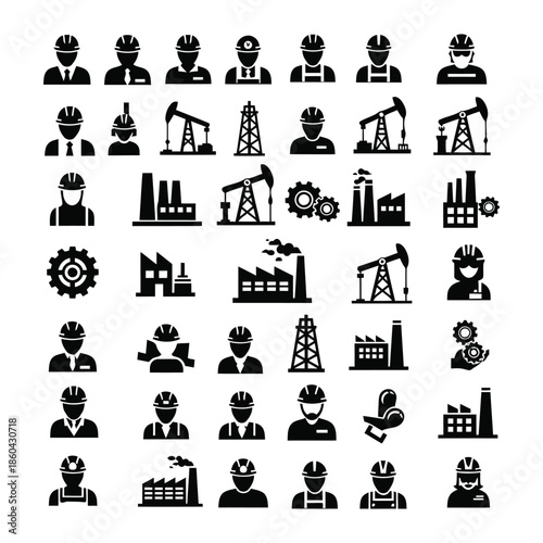 Industrial workers and oil rigs icons in a grid layout