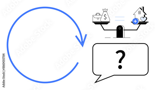 Decision-making process. Simplified graphic showing a scale balancing financial and emotional values. Decision-making aids optimal life choices and balancing priorities. For finance