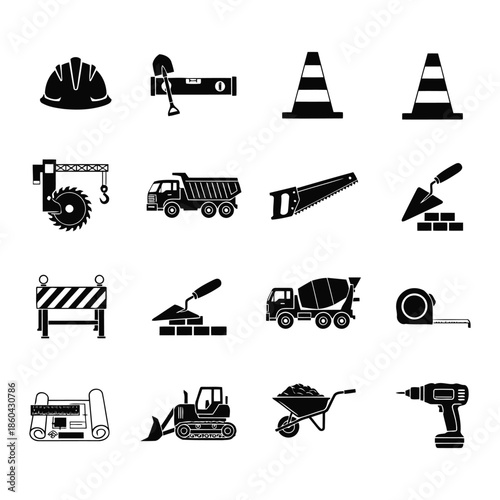 Construction site with various tools and machinery in action from an overhead viewpoint