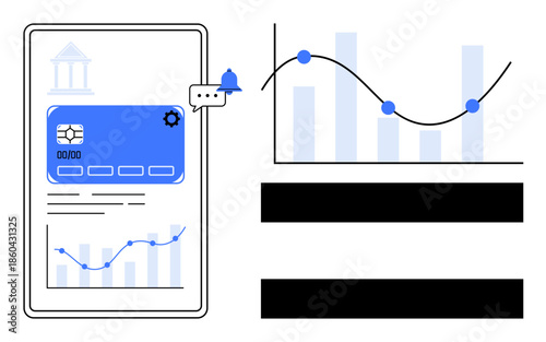 Smartphone displaying mobile banking interface with card, notifications, settings, financial trend graph next to analytics chart. Ideal for finance, banking, analytics, fintech, economy data