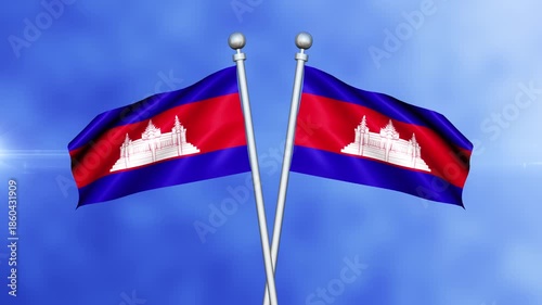 Cambodia Crossed Flags Waving in Blue Sky Loop Animation | Realistic 3D National Flag Background
