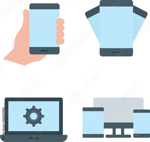 Device usage icons set, mobile laptop desktop illustrations, flat design
