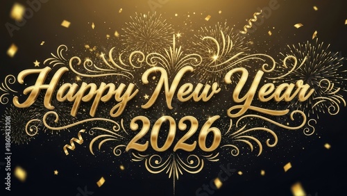 Elegant happy new year 2026 calligraphy with ornate gold swirls