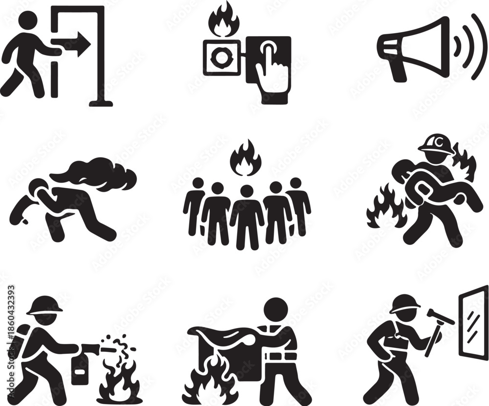 Fototapeta premium Fire Safety and Emergency Action Pictogram Icons Line Art Set eps