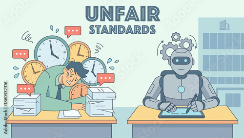 Image depicts a stressed office worker overwhelmed by tasks and clocks, contrasted with a calm, efficient robot working at a desk.